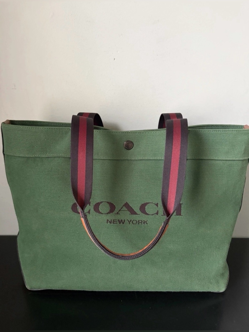 COACH Tote Bag 38 in Colorblock Forest Green Canvas/ Brown Leather/ Navy Stripes - Picture 3 of 16